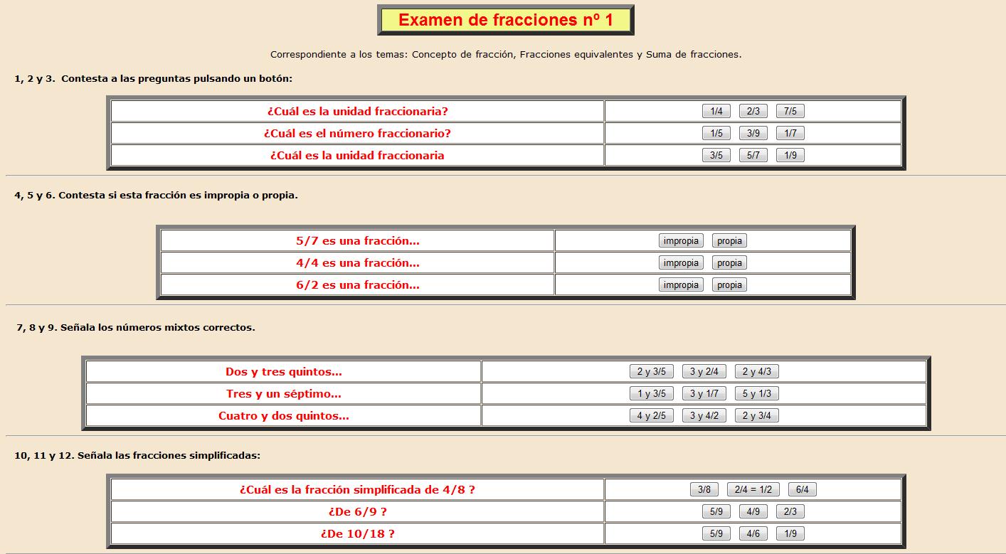 Examen de fracciones nº 1 | Recurso educativo 38002