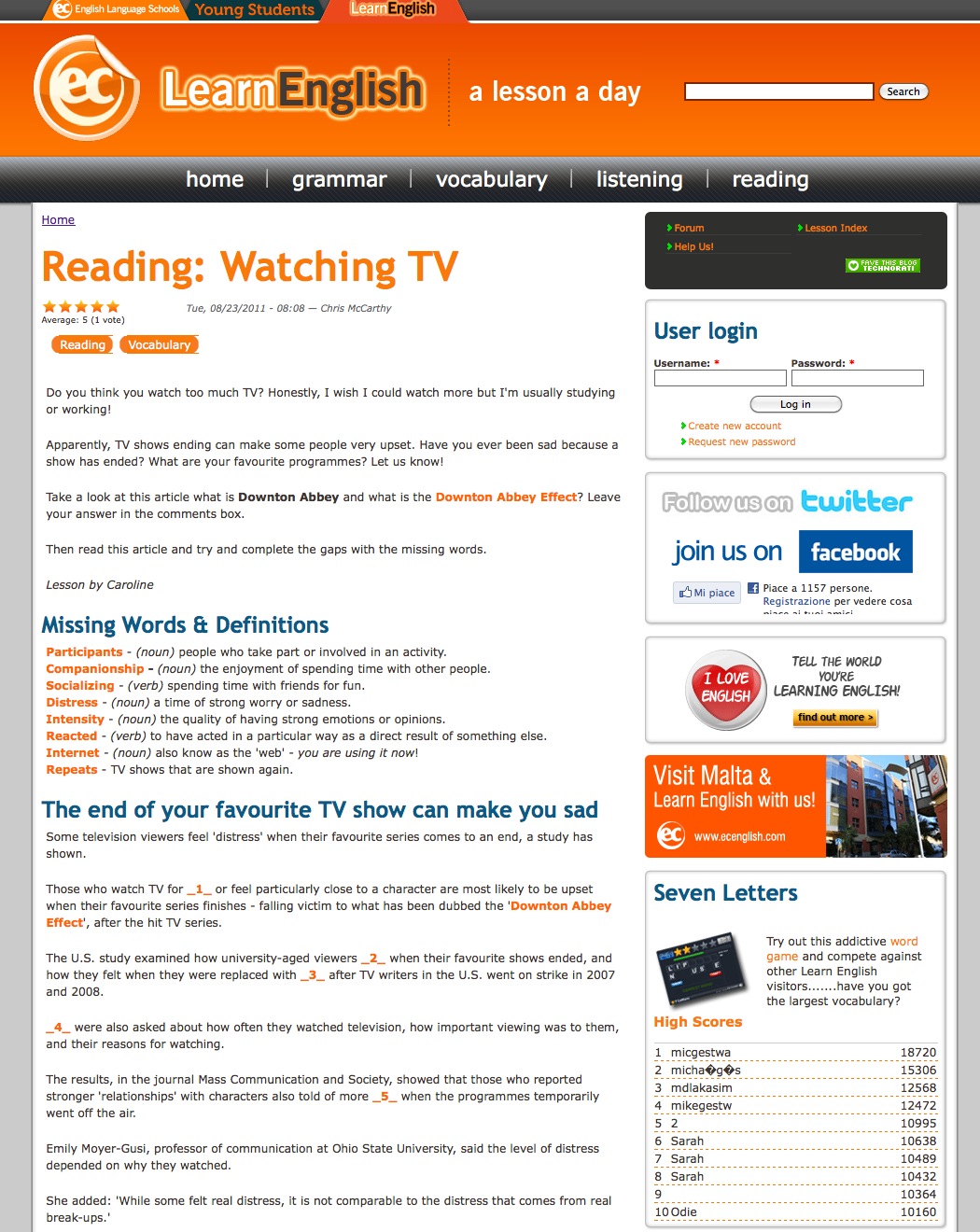 Reading: Watching TV | Recurso educativo 40819
